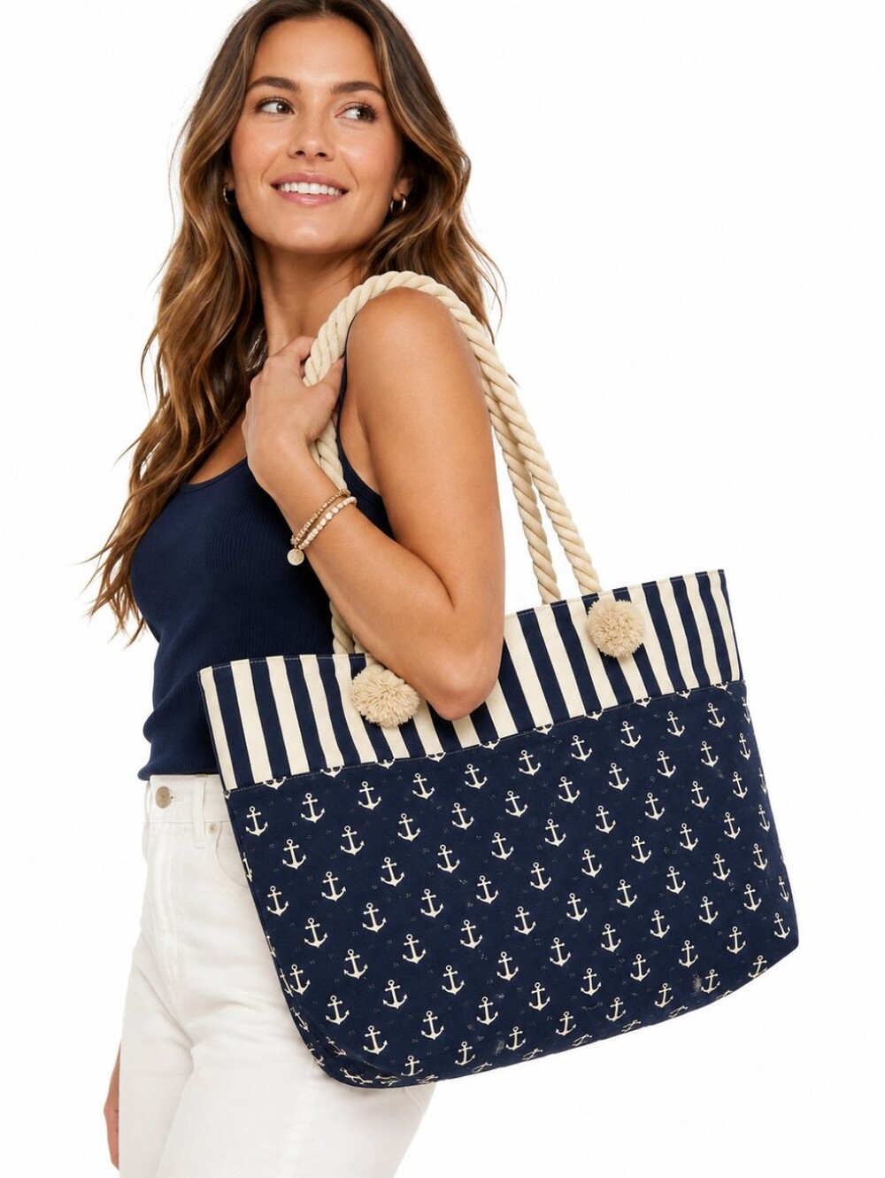 Navy Cream Nautical Anchor Canvas Rope Handle Beach Tote Bag